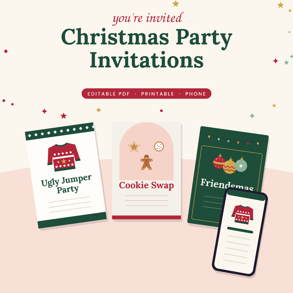 Christmas Party Invitation Bundle | Editable Ugly Jumper, Cookie Swap & Friendsmas Invites