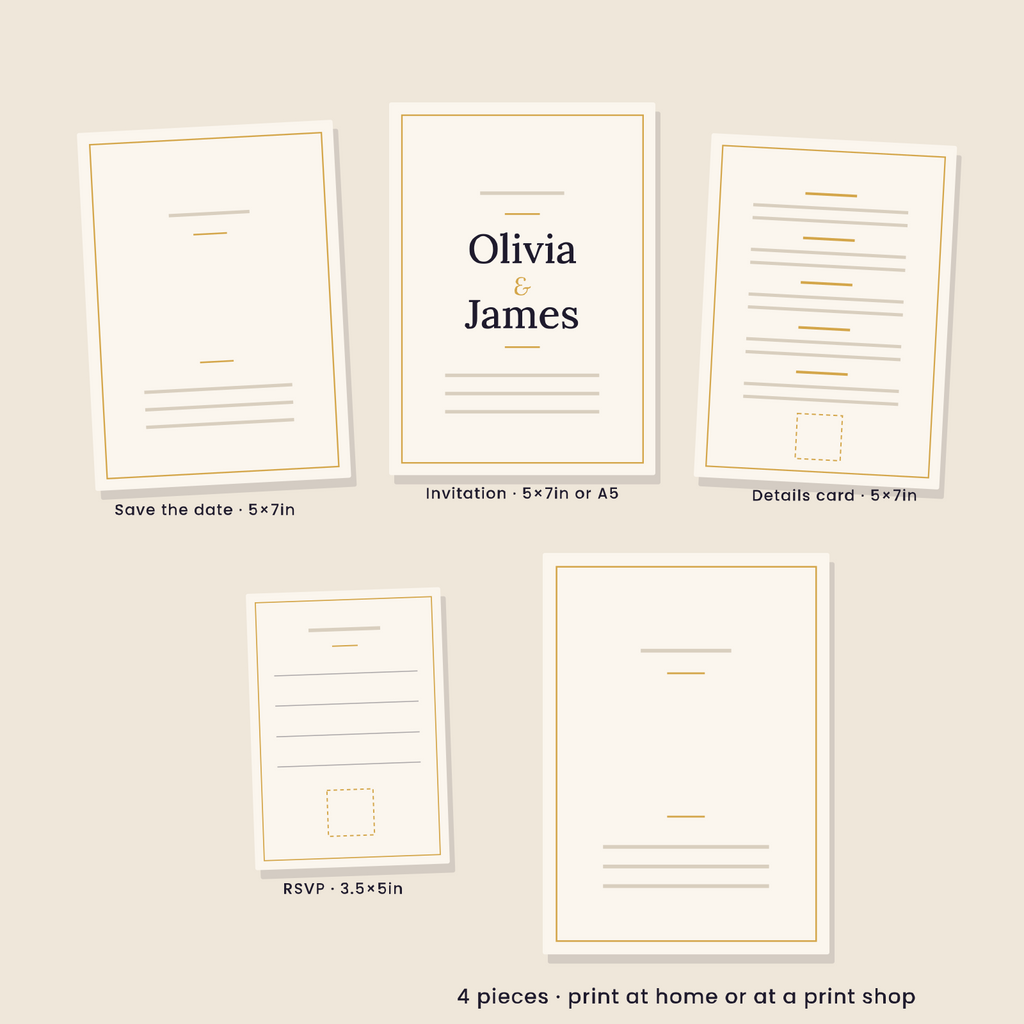 Lora Minimal Wedding Suite laid out: save the date, invitation, details card and RSVP with sizes