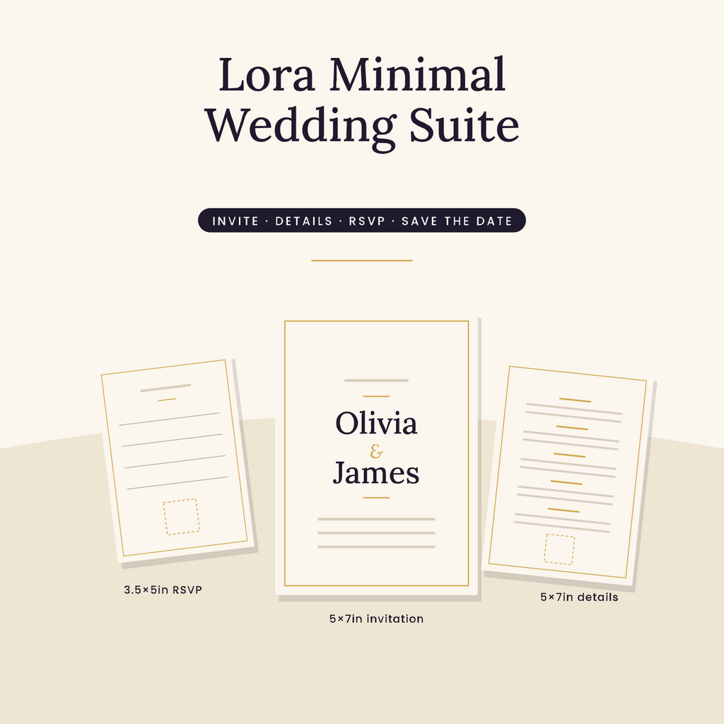 Lora Minimal Wedding Suite: 5x7 invitation, details card and RSVP in ink, cream and gold
