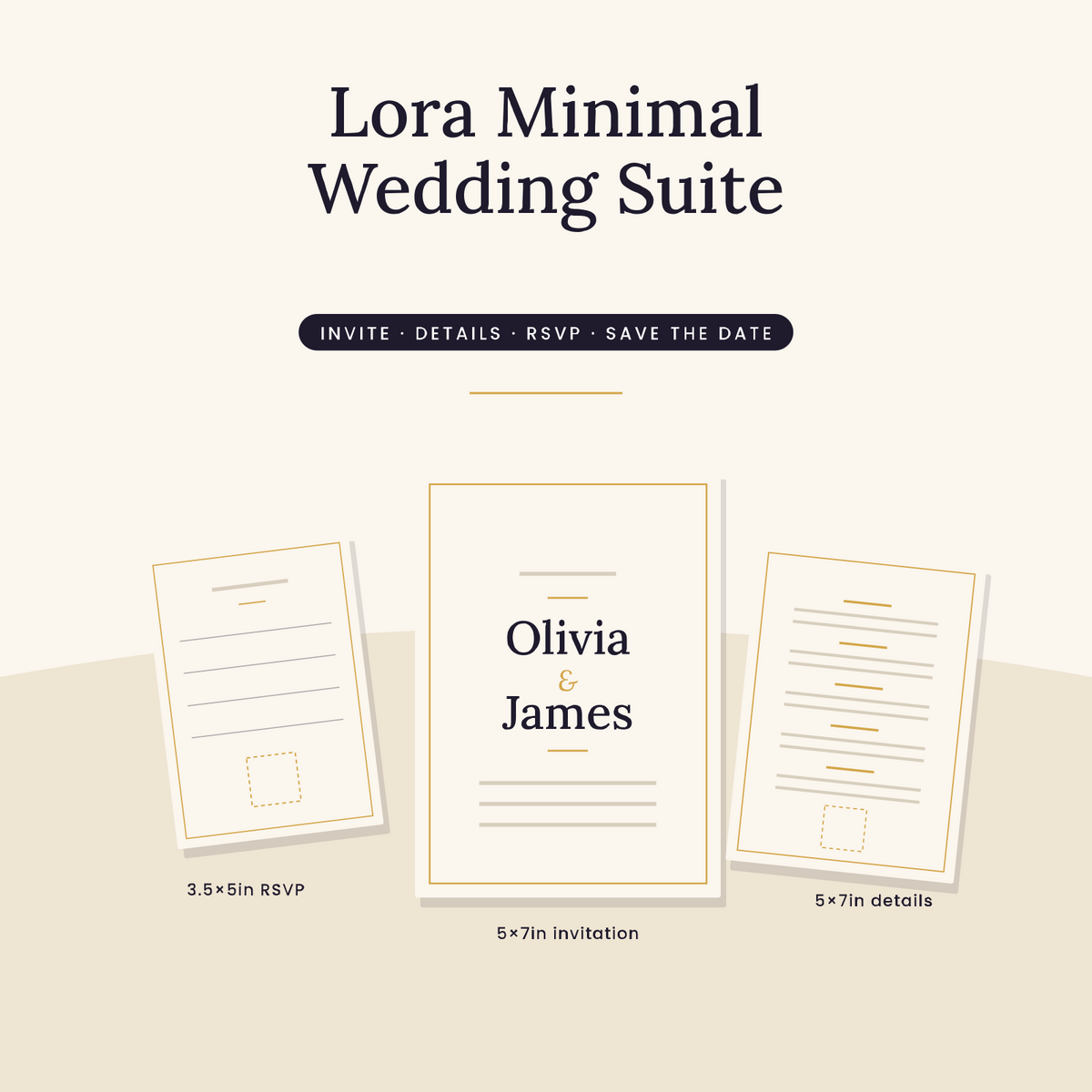 Lora Minimal Wedding Suite: 5x7 invitation, details card and RSVP in ink, cream and gold