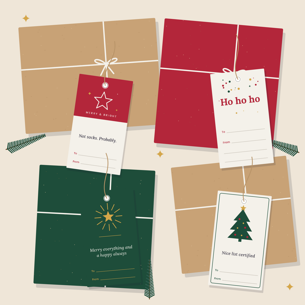 Printable Christmas gift tags tied to kraft parcels with twine