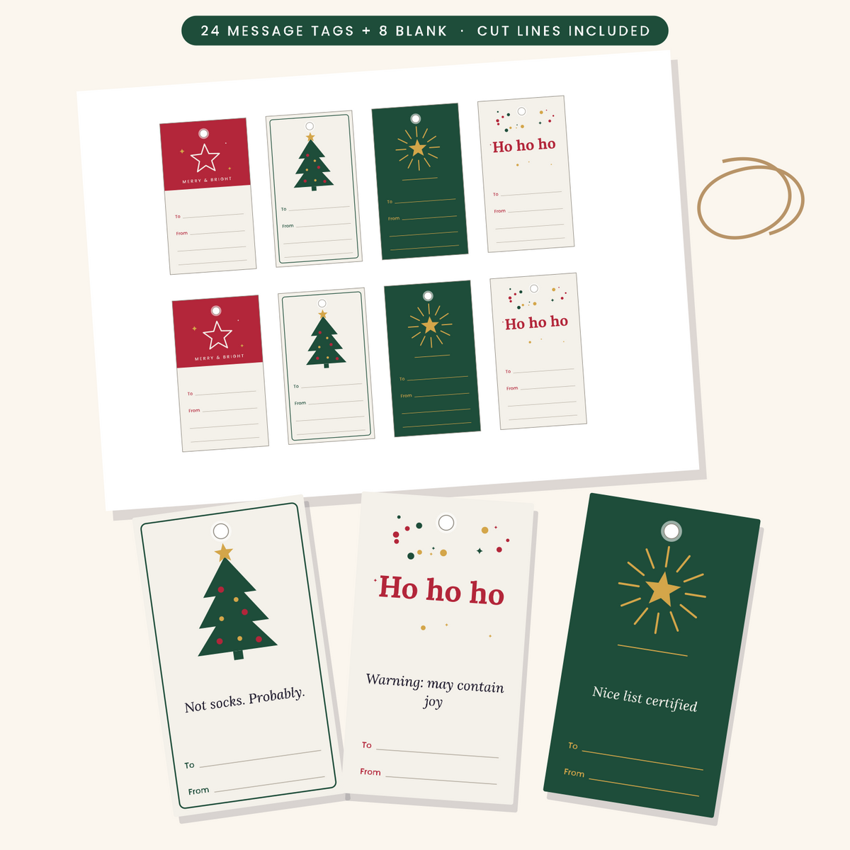 Printed sheet of 8 Christmas gift tags with cut lines, plus cut-out tags