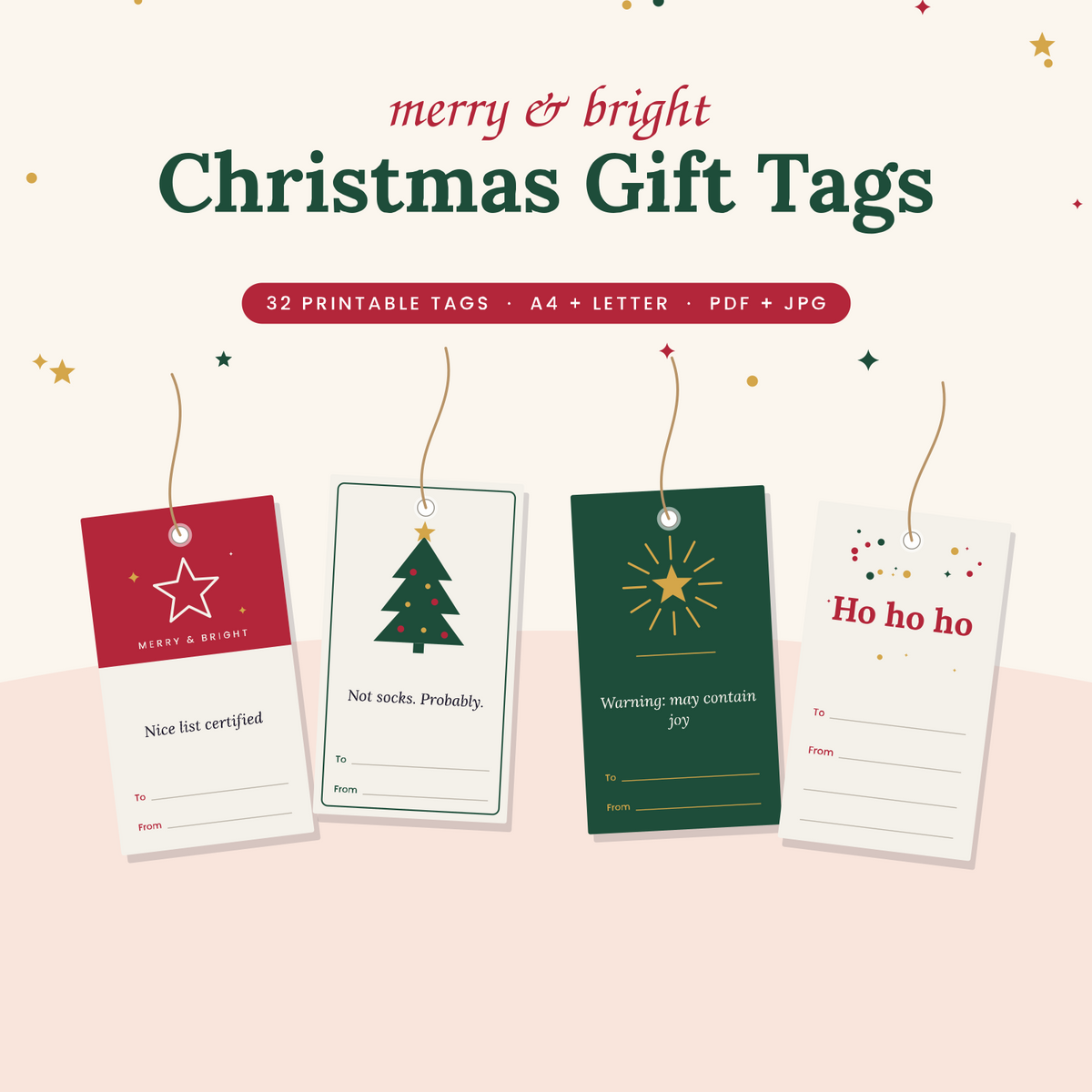 Merry & Bright printable Christmas gift tags: 32 tags, A4 + Letter, PDF + JPG