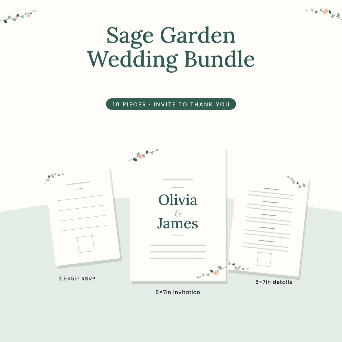 Sage Garden Botanical Wedding Bundle: invitation, details card and RSVP with sage greenery and blush blossoms