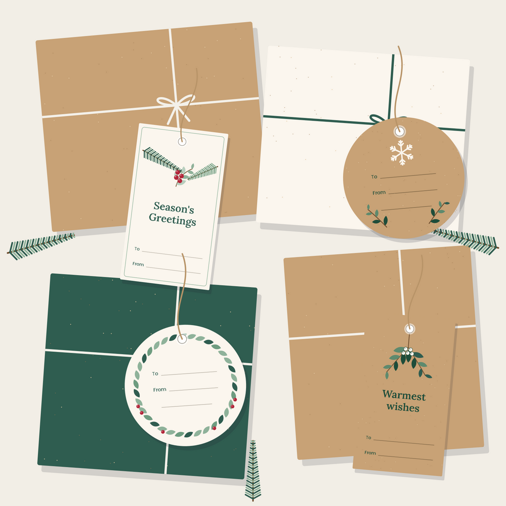 Botanical round and rectangle gift tags on kraft and cream parcels