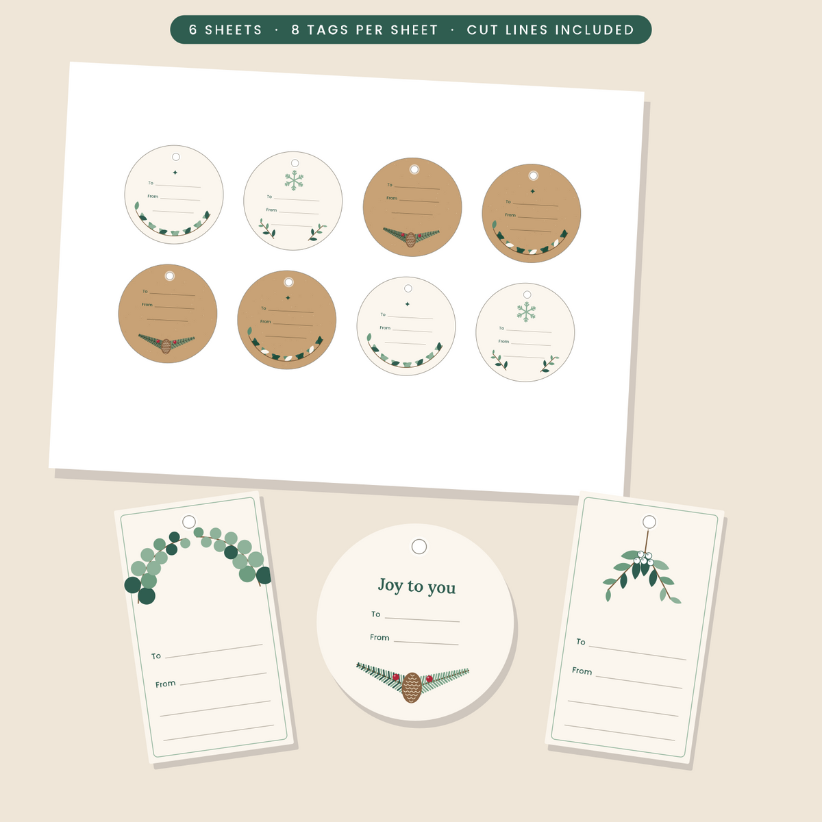 Printed sheet of 8 round botanical gift tags with cut lines