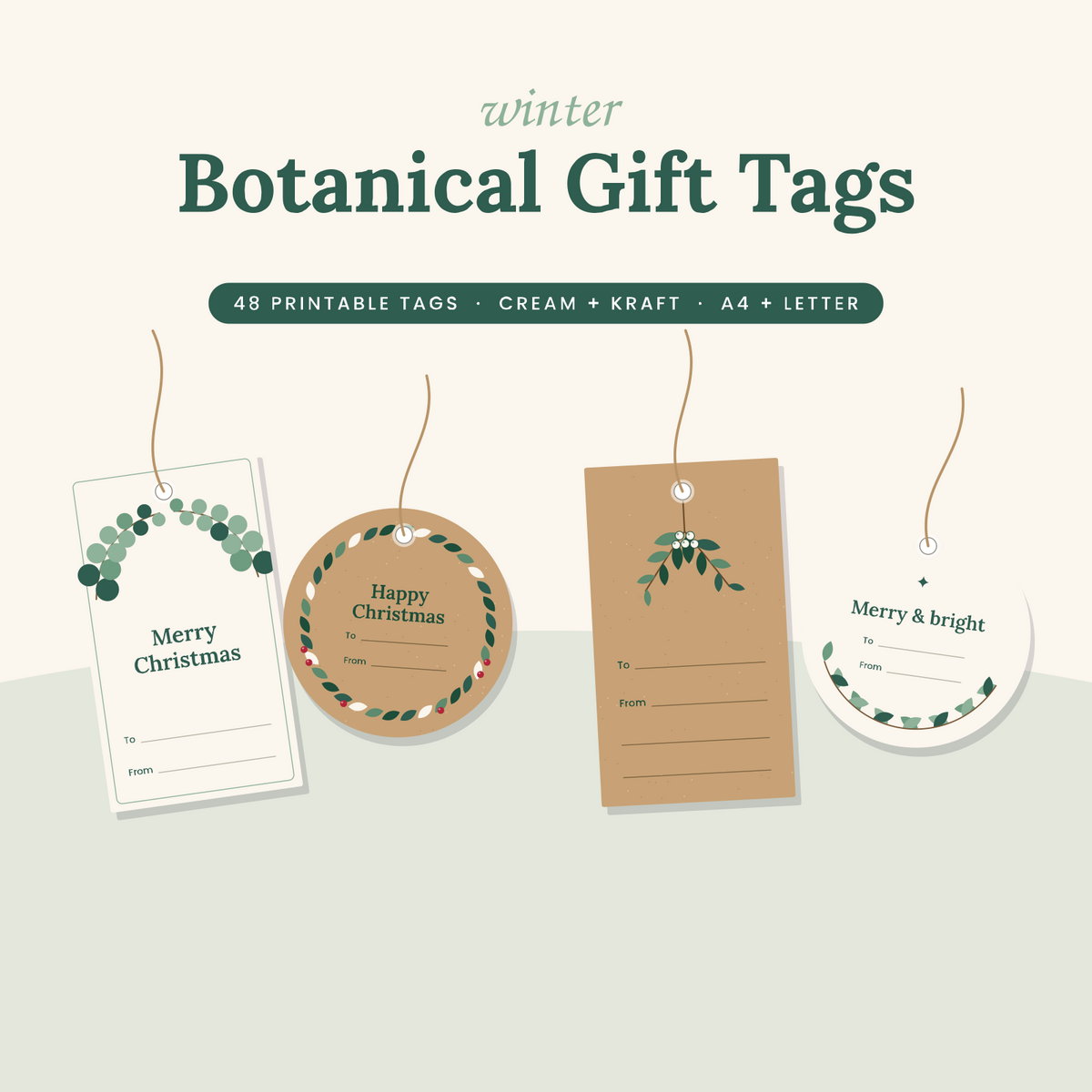 Winter botanical printable Christmas gift tags: 48 tags, cream and kraft, A4 + Letter