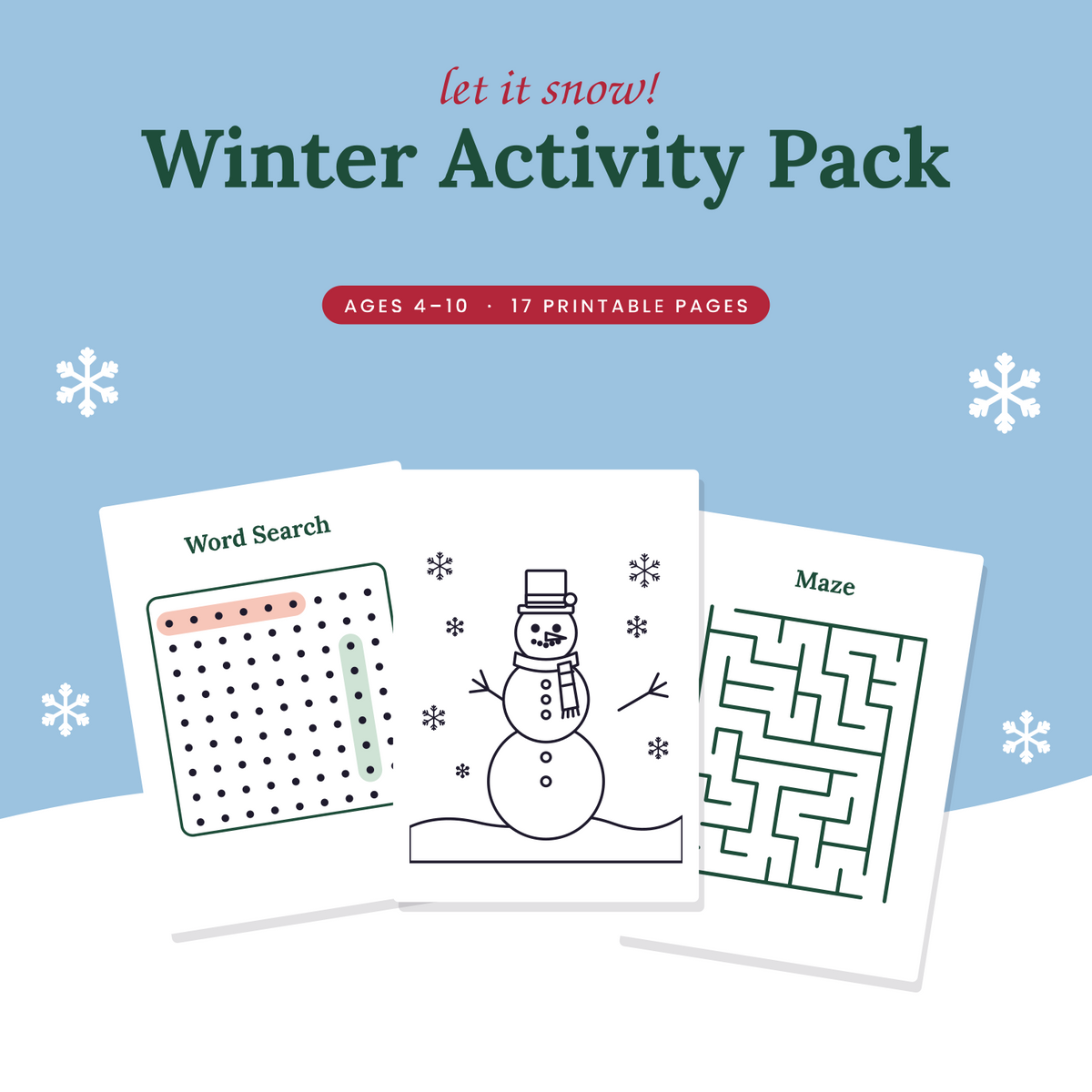 Winter Kids Activity Pack | Printable Christmas Colouring Pages, Word Search, Maze & Games | Ages 4–10